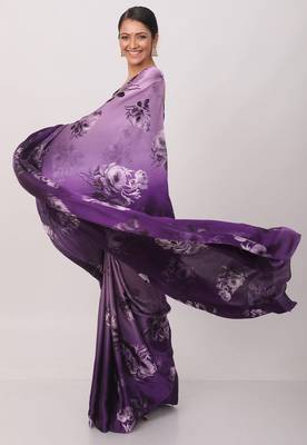 soft purple satin saree with floral print and blouse piece 3