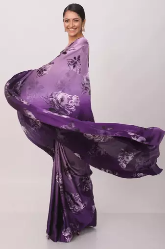 soft purple satin saree with floral print and blouse piece
