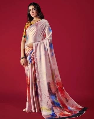 light pink satin saree with abstract multicolor design 1