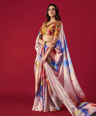 light pink satin saree with abstract multicolor design 2