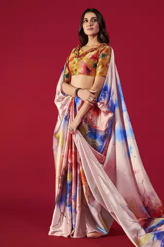 light pink satin saree with abstract multicolor design
