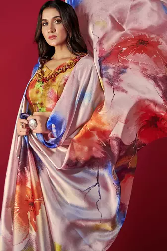 light pink satin saree with abstract multicolor design