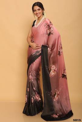 pink floral printed satin saree with black blouse piece 1