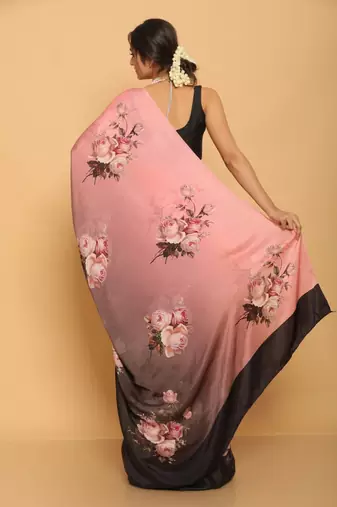 pink floral printed satin saree with black blouse piece