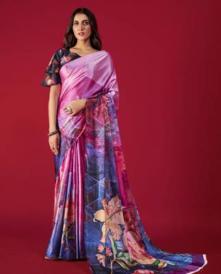 multicolor printed satin saree with floral and abstract design 1