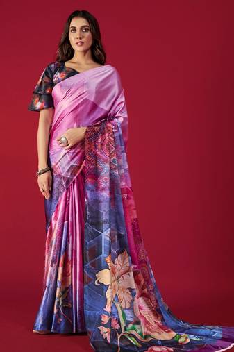 Printed Satin Saree With Blouse Piece