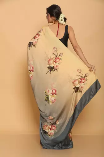 multicolor printed satin saree with blouse piece