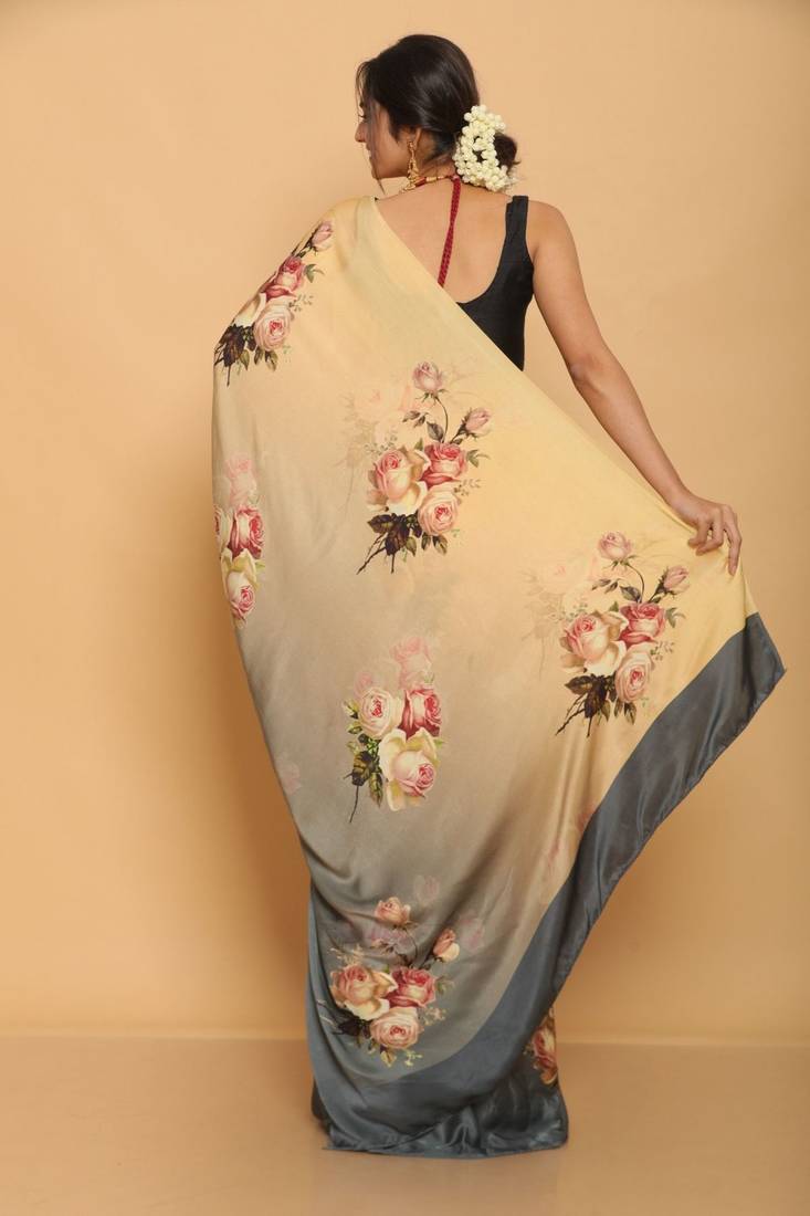 multicolor printed satin saree with blouse piece