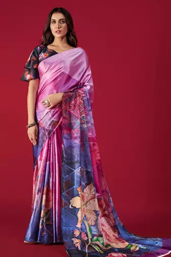 multicolor printed satin saree with floral and abstract design