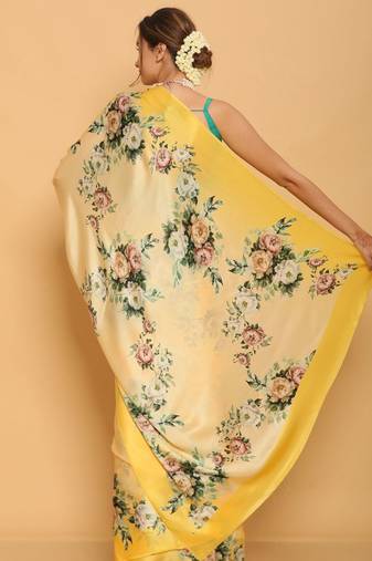 yellow printed satin saree with blouse piece