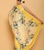 yellow printed satin saree with blouse piece