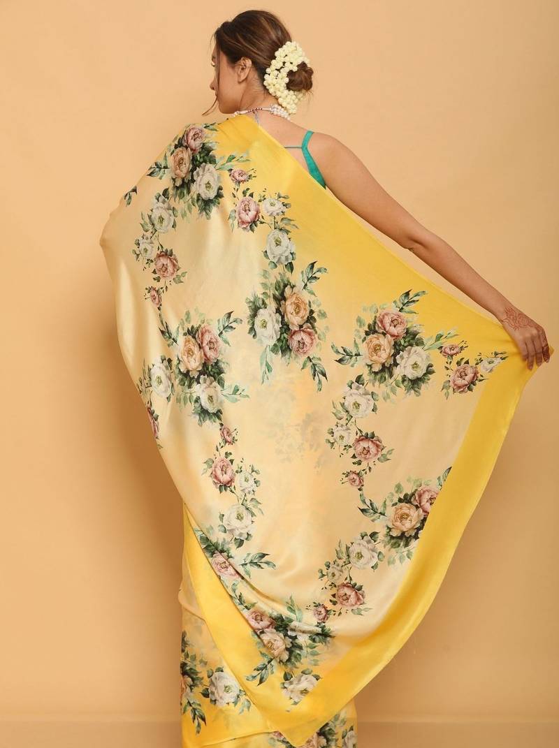yellow printed satin saree with blouse piece