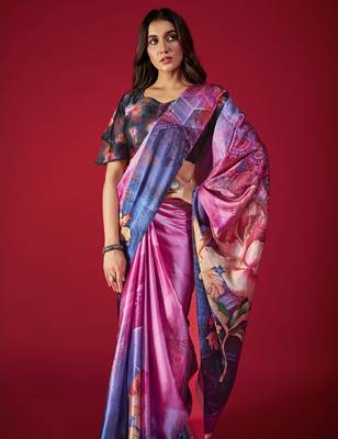 multicolor printed satin saree with floral and abstract design 3