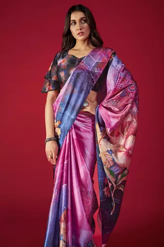 multicolor printed satin saree with floral and abstract design
