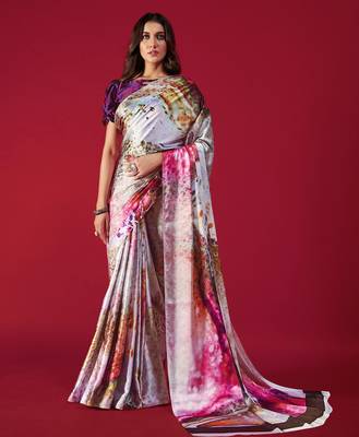 multicolor printed soft satin saree with abstract design 1