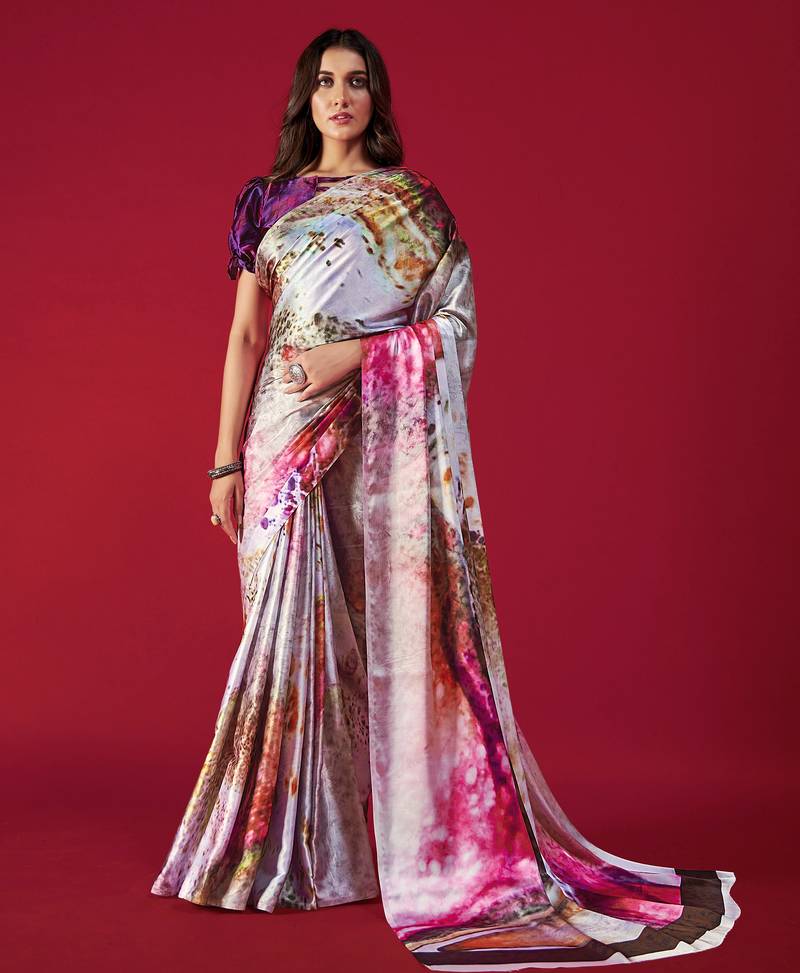 Printed Satin Saree With Blouse Piece
