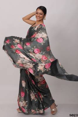 dark grey printed soft satin saree with floral design 1
