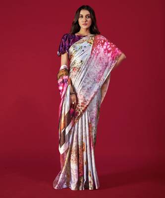 multicolor printed soft satin saree with abstract design 2