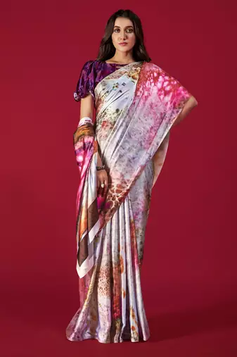 multicolor printed soft satin saree with abstract design