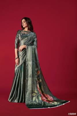 dark green printed satin saree with floral design 1