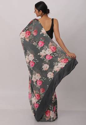 dark grey printed soft satin saree with floral design 2