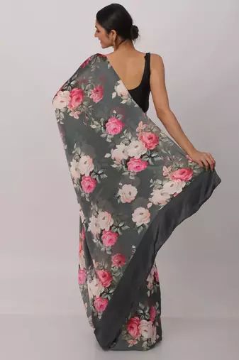 dark grey printed soft satin saree with floral design