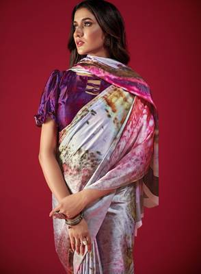 multicolor printed soft satin saree with abstract design 3