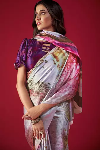 multicolor printed soft satin saree with abstract design