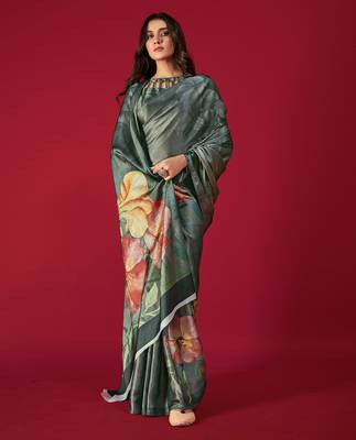dark green printed satin saree with floral design 2