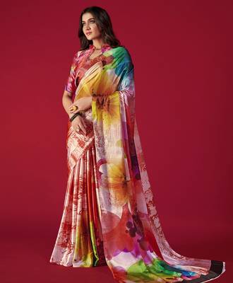 multicolor printed satin saree with artistic design & blouse piece 1