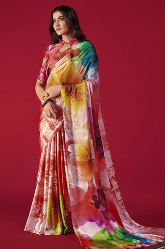 Printed Satin Saree With Blouse Piece