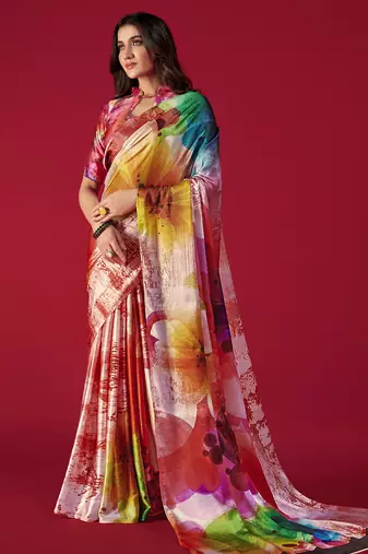 Printed Satin Saree With Blouse Piece