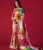 multicolor printed satin saree with artistic design & blouse piece