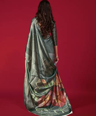 dark green printed satin saree with floral design 3