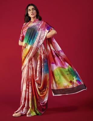 multicolor printed satin saree with artistic design & blouse piece 2