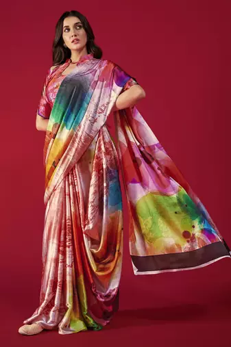 multicolor printed satin saree with artistic design & blouse piece