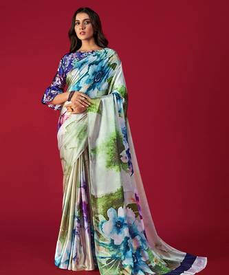 multicolor printed satin saree with floral design 1