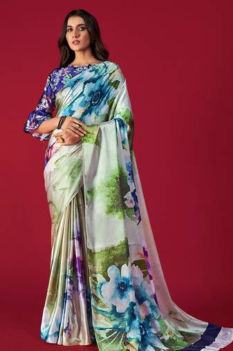 Printed Satin Saree With Blouse Piece