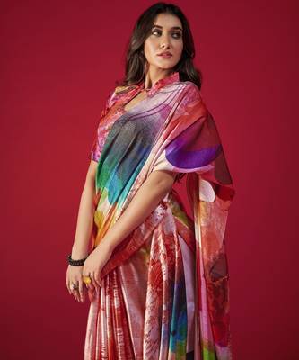 multicolor printed satin saree with artistic design & blouse piece 3