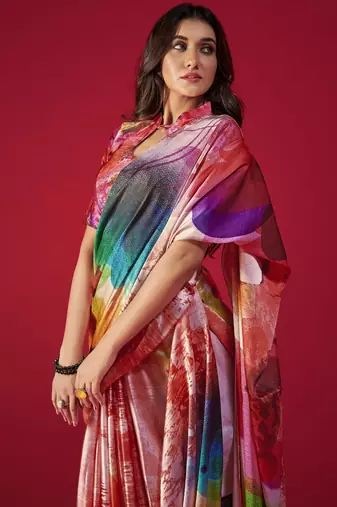 multicolor printed satin saree with artistic design & blouse piece