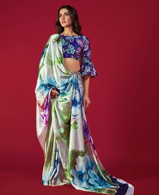 multicolor printed satin saree with floral design 2