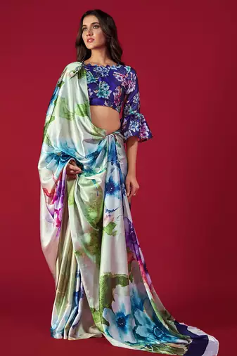 multicolor printed satin saree with floral design
