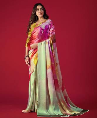 multicolor printed satin saree with blouse piece 1