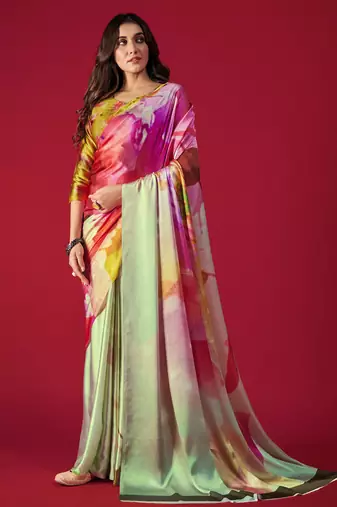 Printed Satin Saree With Blouse Piece