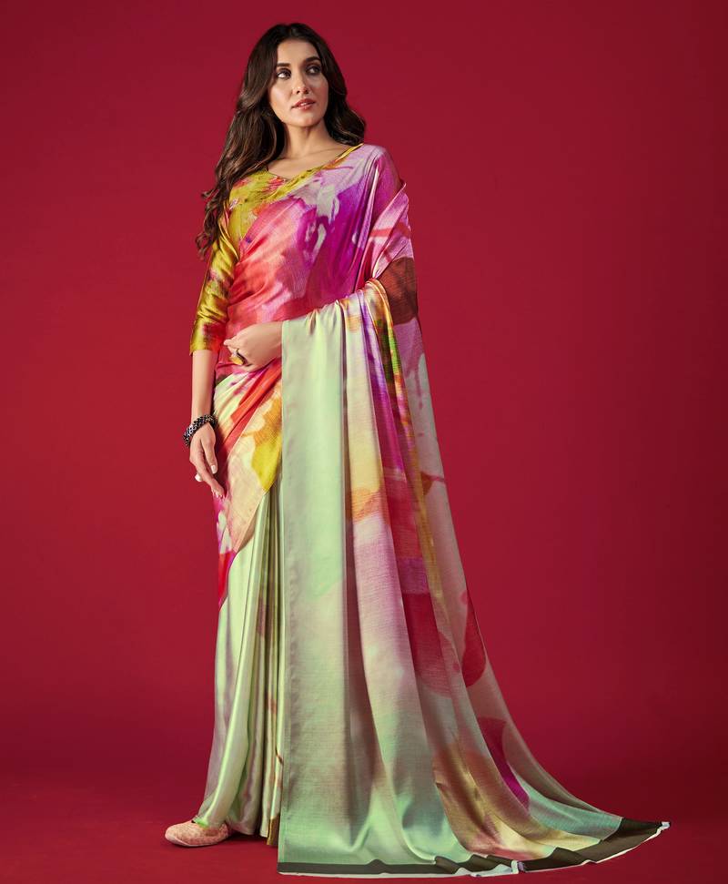 Printed Satin Saree With Blouse Piece