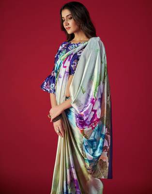 multicolor printed satin saree with floral design 3