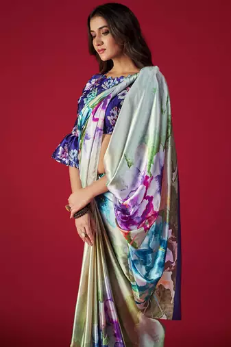 multicolor printed satin saree with floral design