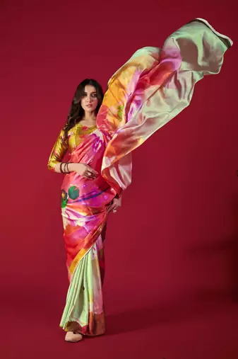 multicolor printed satin saree with blouse piece