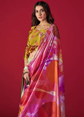 multicolor printed satin saree with blouse piece 3