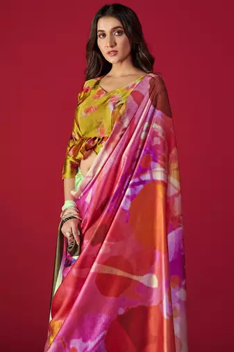multicolor printed satin saree with blouse piece